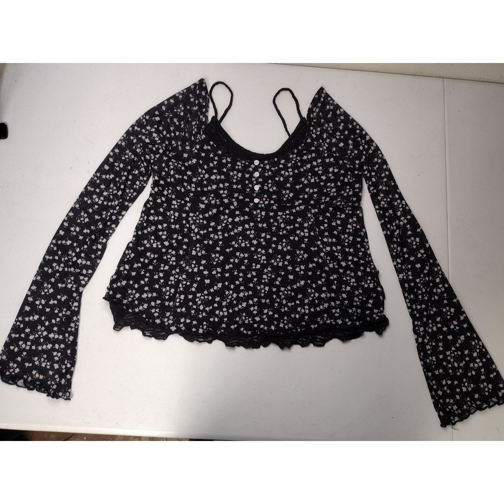 Stitch & Pine Womens Black Floral Mesh Lace Trim Bell Sleeve Top Size M Boho
